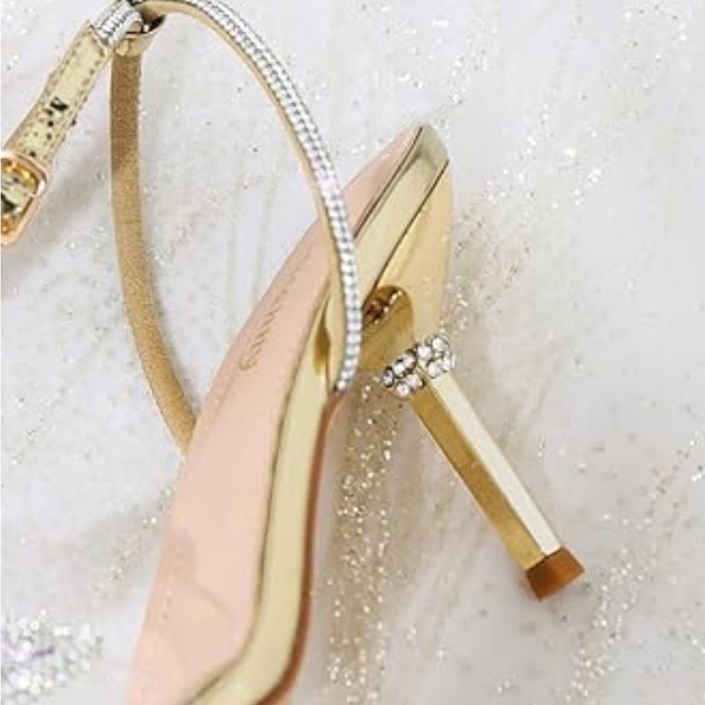 GOLD STRAPPY HEELS W/EMBELLISHED BOW AND CRYSTAL DETAILS NWT - Picture 9 of 12